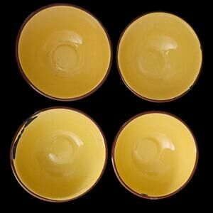 Vintage Yellow Enamelware Bowls Brown Rim Set of 4 6" Mid Century Kitchenware